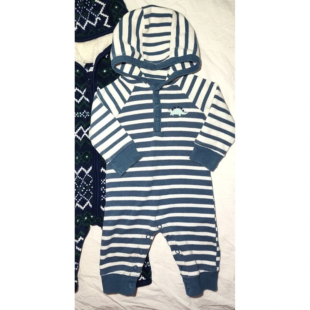 Carter's Baby Boy 3 Mos‎ Hooded Outfit Lot Fleece Thermal Stripe Dinosaur EUC